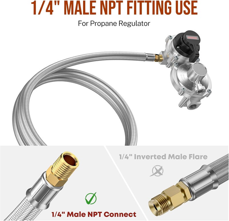 Alloxity 6ft Propane Hose Extension with Gauge, POL x 1/4" Male NPT, Braided Supply Pigtail Hose, for 5-100lb Tank Connection, Extend a Stay RV Propane Kit, Dual Regulator, Camper - Image 5